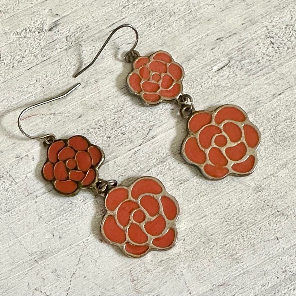 Silver tone orange floral earrings